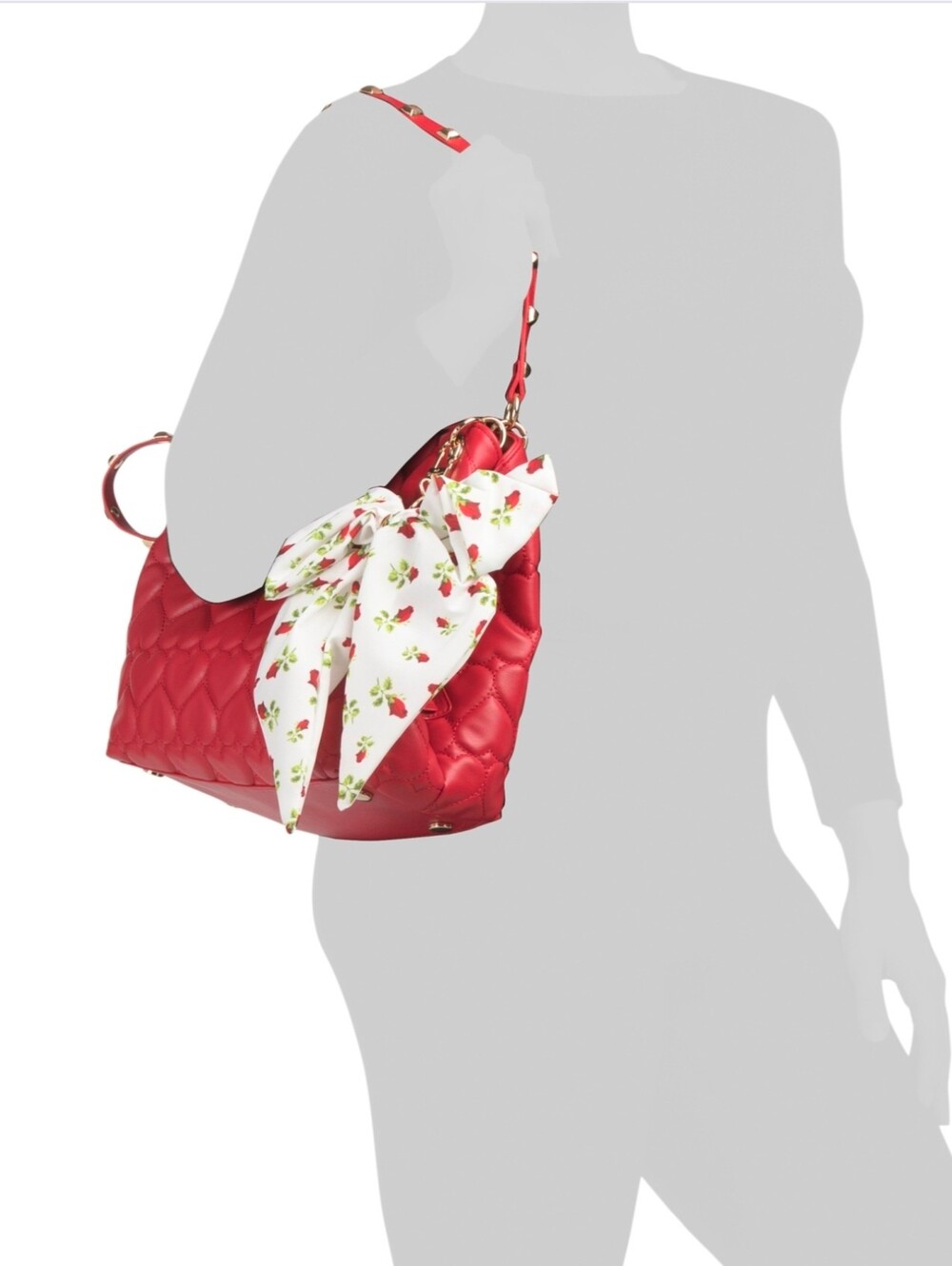 Betsey Johnson Red Quilted Heart Tote with Rosebud Bow Charm NWT - Picture 2 of 5